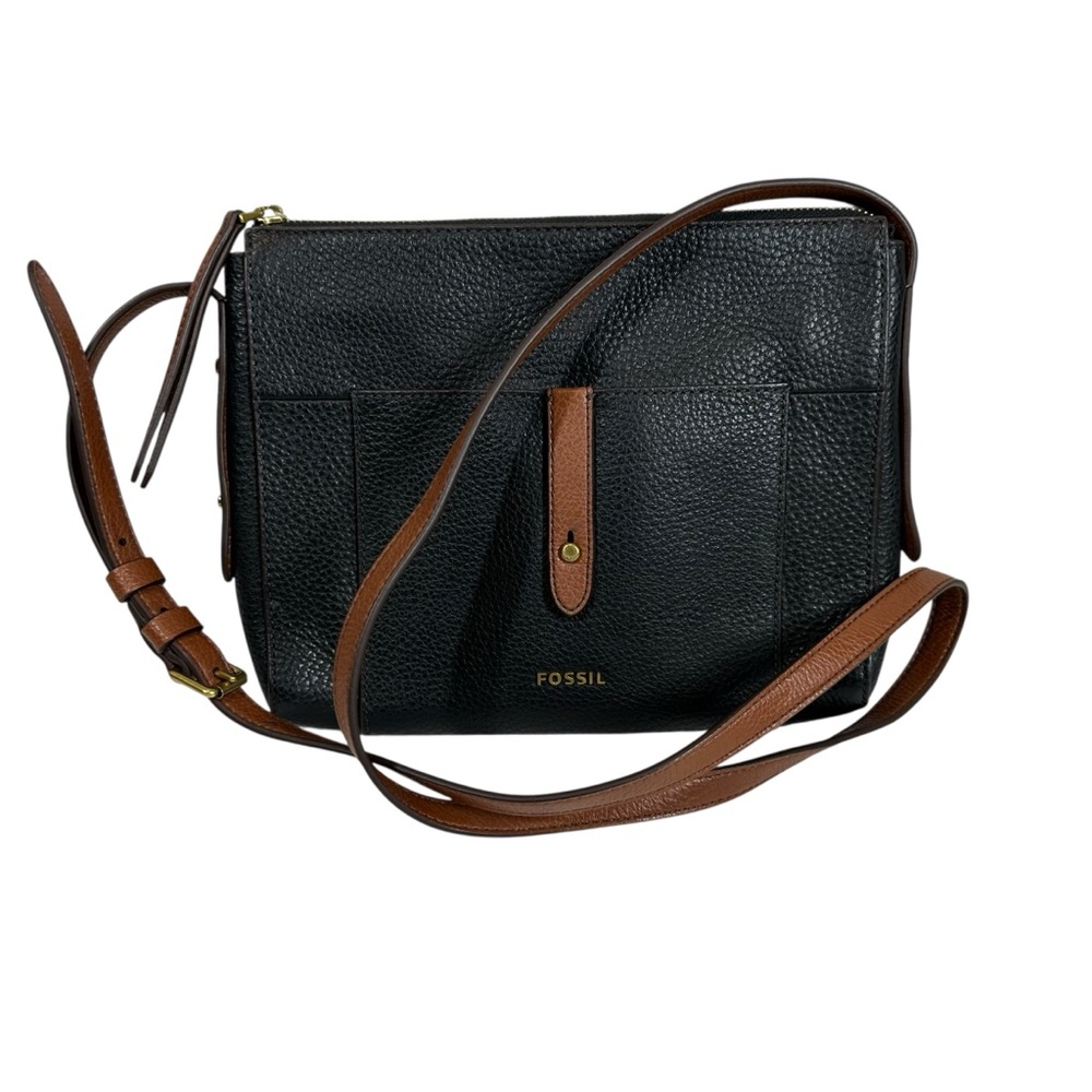 FOSSIL Gemma Black and Brown Pebble Leather Timeless Crossbody Bag Purse Brass